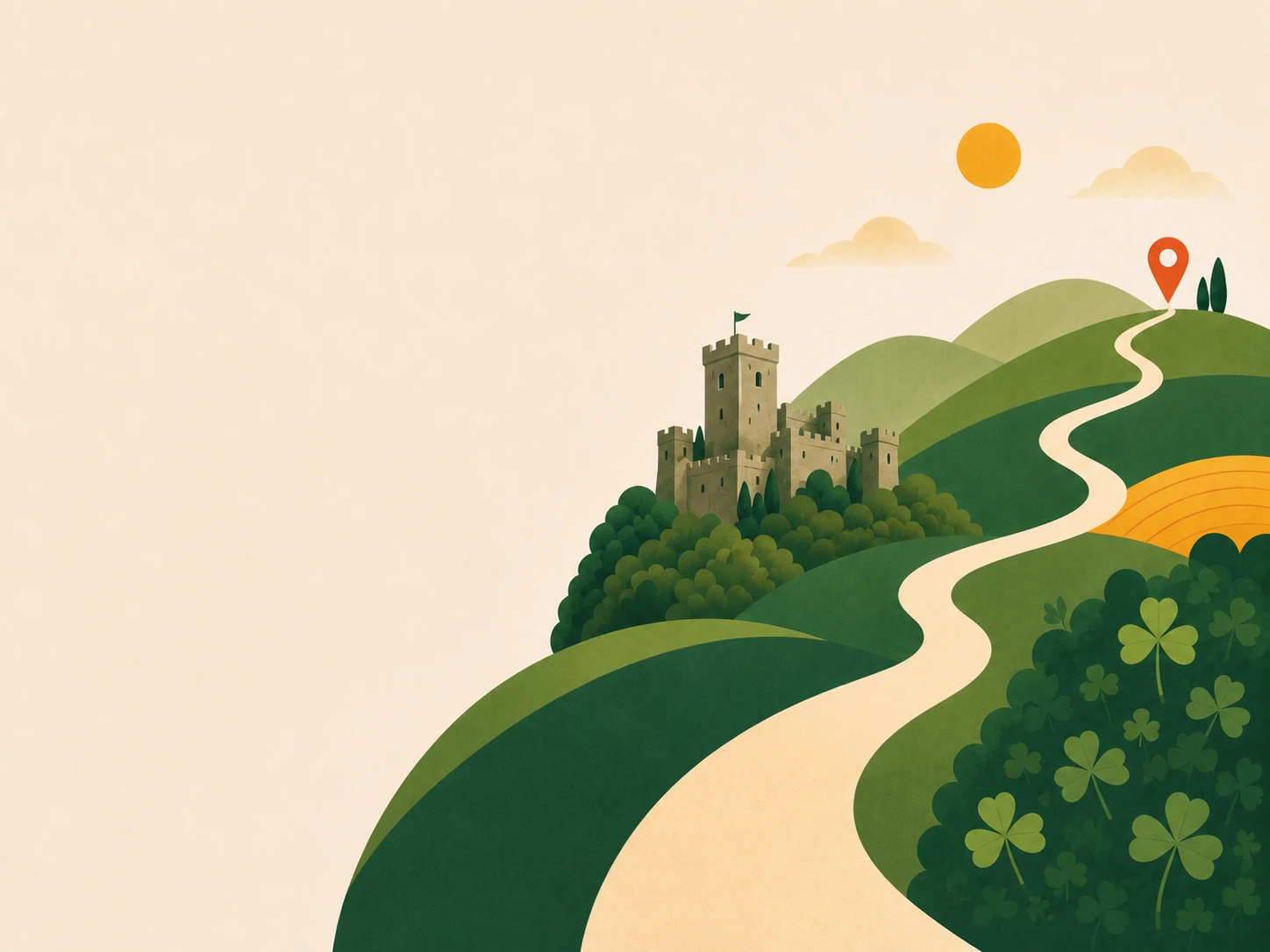 Illustrated Irish landscape: a stone castle among wooded hills, a winding country lane climbing to a map marker on the summit, and shamrocks in the foreground.